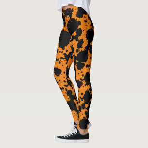 Modern Black and Orange Paint Splatter Funny Leggings