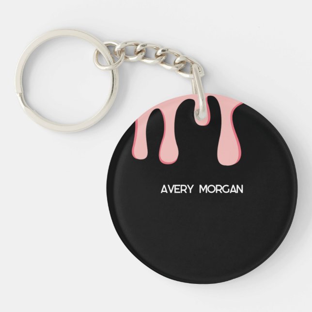 Modern Black and Pink Drip Name Keychain (Front)