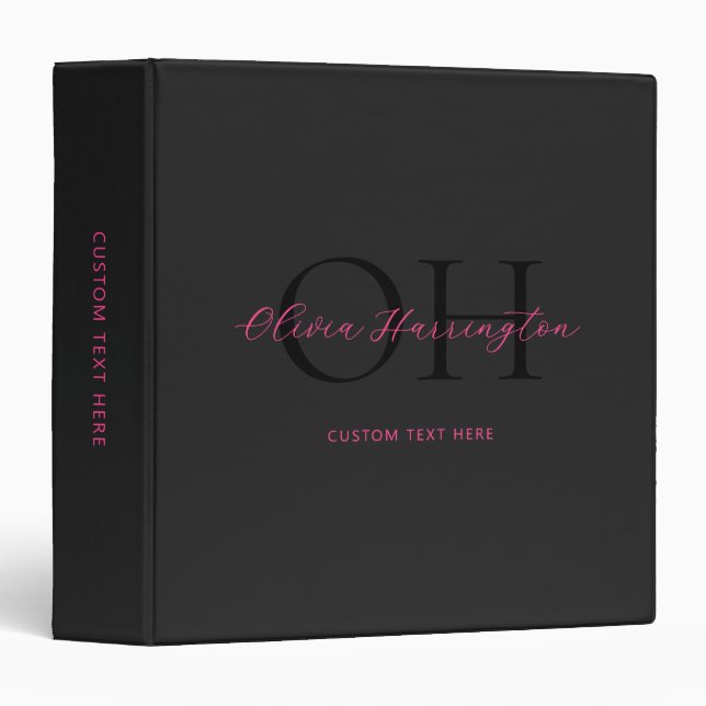 Modern Black and Pink Script Classic Monogram Binder (Front/Spine)