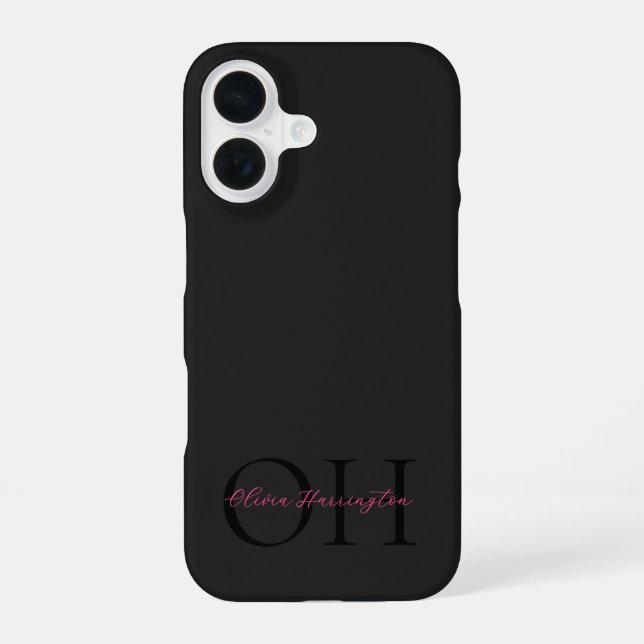 Modern Black and Pink Script Classic Monogram iPhone 16 Case (Back)