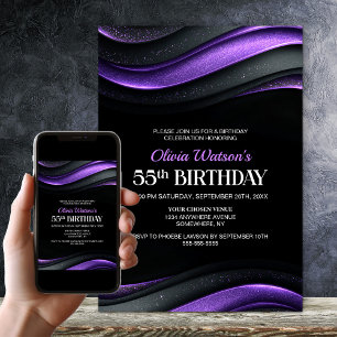 Modern Black and Purple 55th Birthday Party Invitation