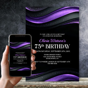 Modern Black and Purple 75th Birthday Party Invitation