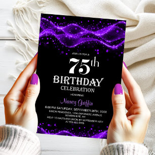 Modern Black and Purple 75th Birthday Party Invitation