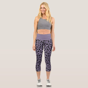 Modern Black and Purple Leopard Print Capri Leggings