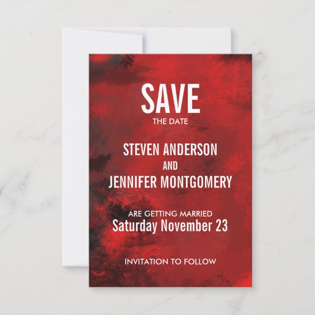 Modern Black and Red Artistic Abstract Wedding Save The Date (Front)