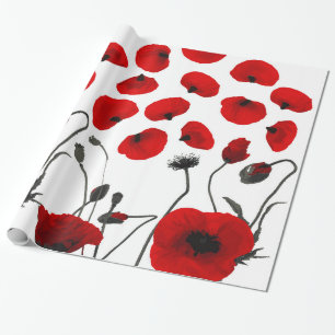 Modern Black and Red Flowers and Petals Wrapping Paper