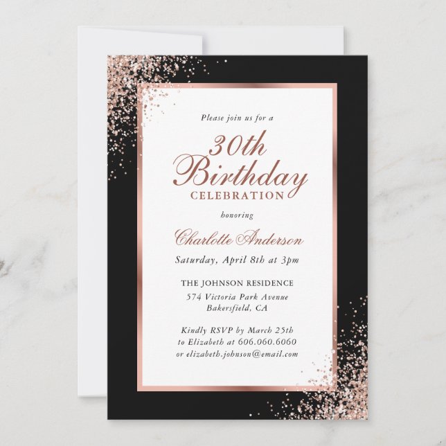 Modern Black and Rose Gold Confetti 30th Birthday Invitation (Front)