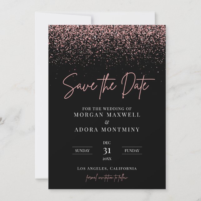 Modern Black and Rose Gold Glitter Wedding Save The Date (Front)