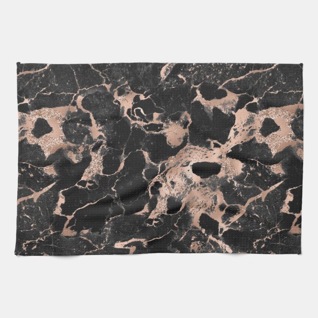 Modern Black and Rose Gold Marble Pattern Kitchen Towel (Horizontal)