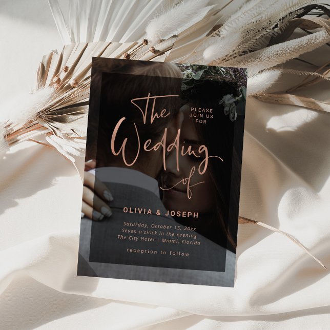 Modern Black and Rose Gold Overlay | Photo Wedding Invitation (Creator Uploaded)