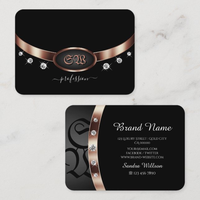 Modern Black and Rose Gold with Monogram Jewels Business Card (Front/Back)