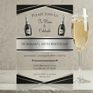 Modern Black and Silver 40th Birthday Him Acrylic Invitations