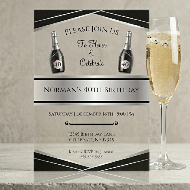 Modern Black and Silver 40th Birthday Him Acrylic Invitations (Sophisticated Masculine 40th Birthday Acrylic Invite with Silver Art Deco & Black Details.)