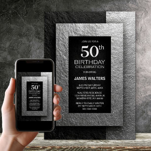 Modern Black and Silver 50th Birthday Party Invitation