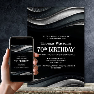 Modern Black and Silver 70th Birthday Party Invitation