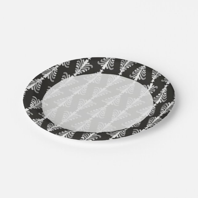 Modern Black And Silver Christmas Trees Pattern Paper Plate (Angled)
