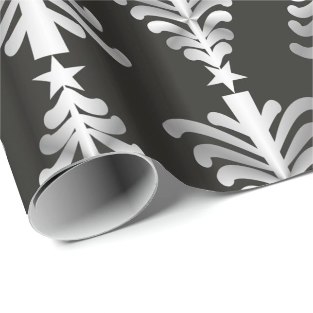 Modern Black And Silver Christmas Trees Pattern Wrapping Paper (Roll Corner)