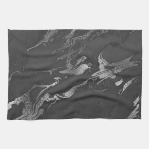 Modern Black and Silver Marble Pattern Kitchen Towel