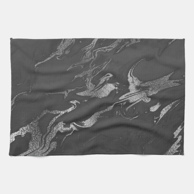 Modern Black and Silver Marble Pattern Kitchen Towel (Horizontal)