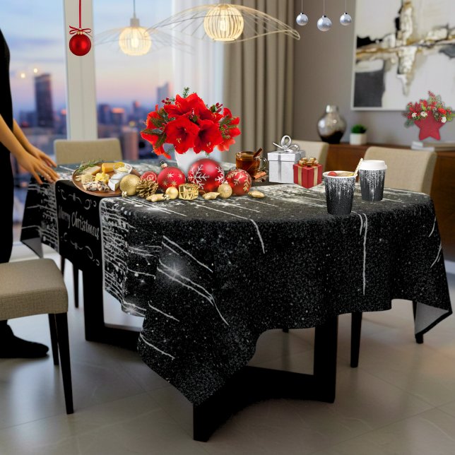 Modern Black and Silver Sparkly "Merry Christmas" Tablecloth (Modern black and silver Merry Christmas (or personalized) 60" x 104" (various sizes) tablecloth )