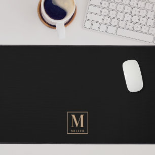Modern Black and Tan Family Name Monogram Desk Mat