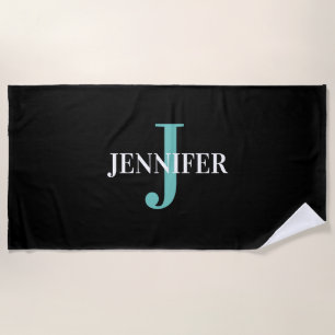Modern Black And Teal Monogram Personalized  Beach Towel