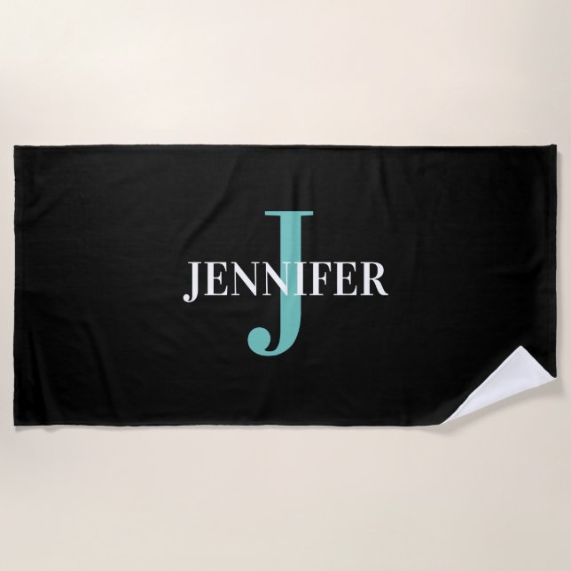 Modern Black And Teal Monogram Personalized  Beach Towel (Front)