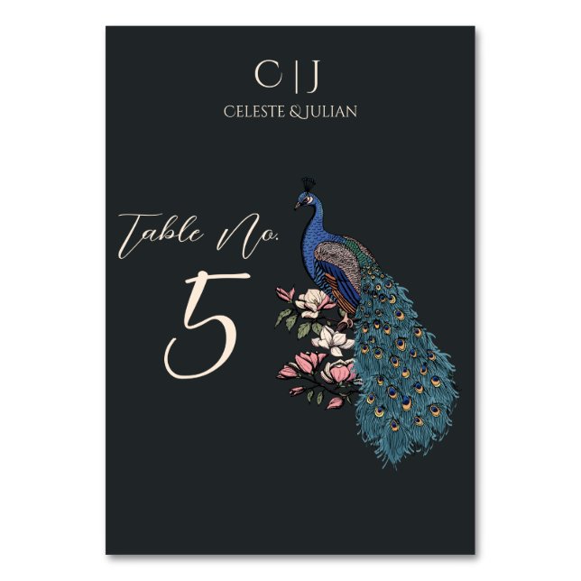 Modern Black and Teal Peacock Wedding Table Number (Front)