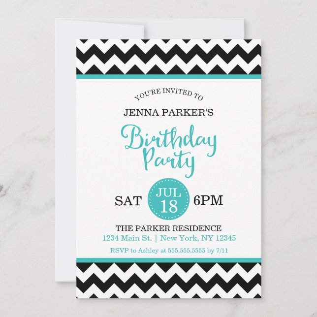 Modern Black and Turquoise Chevron Birthday Party Invitation (Front)