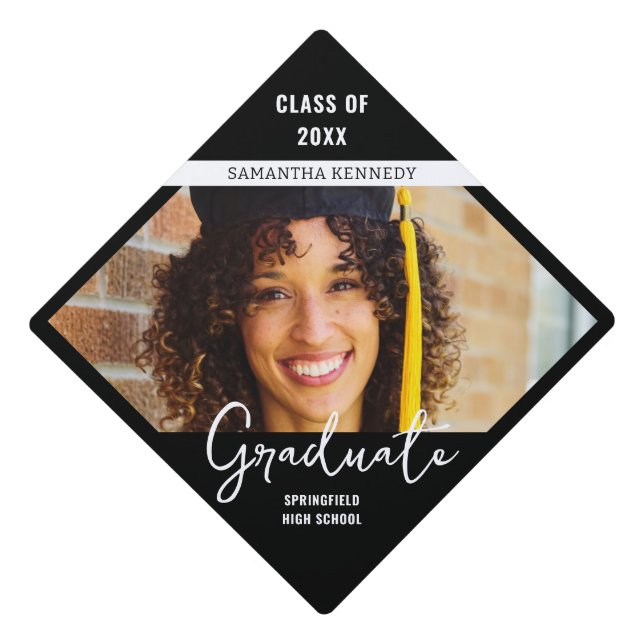 Modern Black and White 2025 Graduate Photo  Graduation Cap Topper (Front)