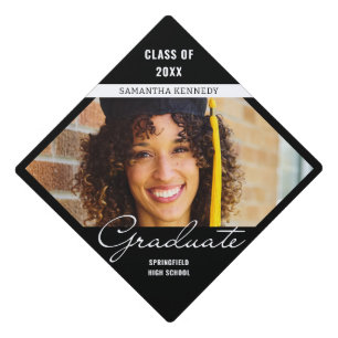 Modern Black and White 2025 Graduation Photo  Cap Topper