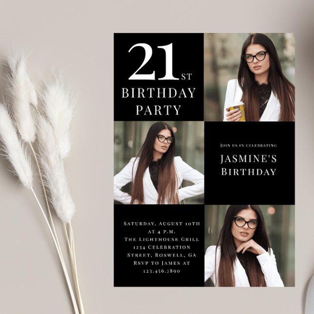 Modern black and white 3 photo 21st birthday  invitation (Creator Uploaded)
