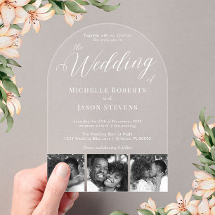 Modern Black and White 3 Photo Strip Wedding Acrylic Invitations