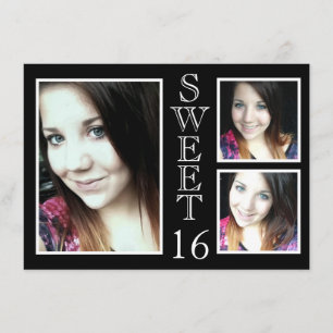 Modern Black and White 3 Photo Sweet 16 Invitation
