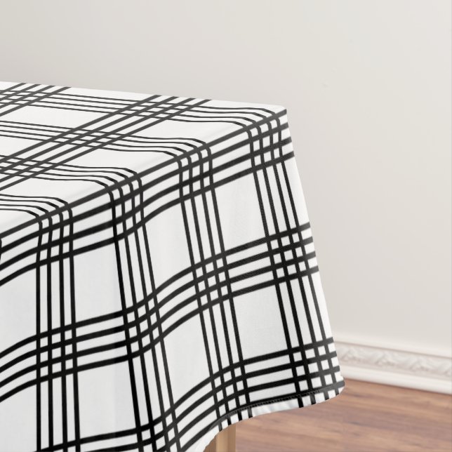 Modern Black and White 4 Stripe Plaid Tablecloth (In Situ)