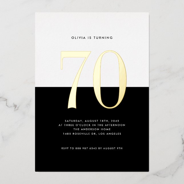 Modern Black and White 70th Birthday Gold Foil (Front)