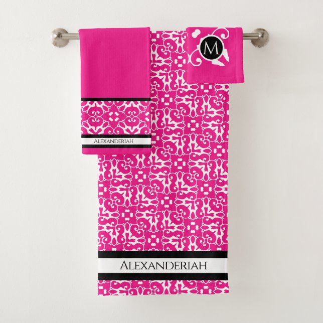 Modern Black and White abstact damask Fuschia pink Bath Towel Set (Insitu)