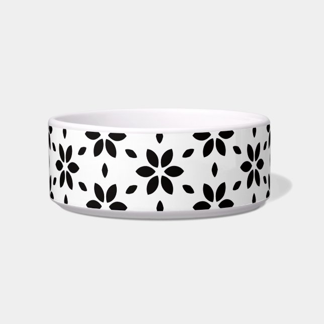 Modern Black and White Abstract Floral Pet Bowl (Front)