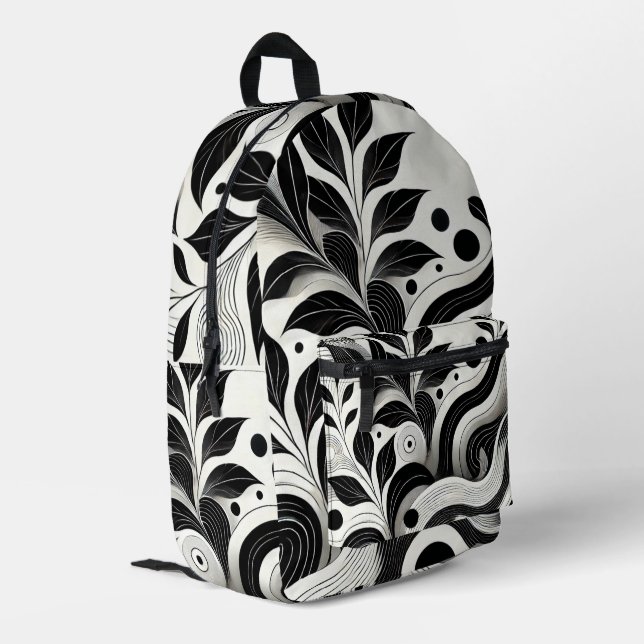 Modern Black and White Abstract Floral  Printed Backpack (Back Corner Left)