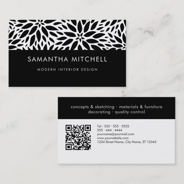 Modern Black And White Abstract Floral QR Code Business Card (Front/Back)