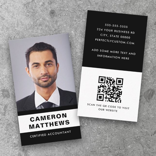 Modern black and white add photo QR code Business Card (Creator Uploaded)