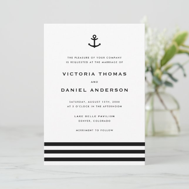 Modern Black and White Anchor Nautical Wedding Invitation (Standing Front)