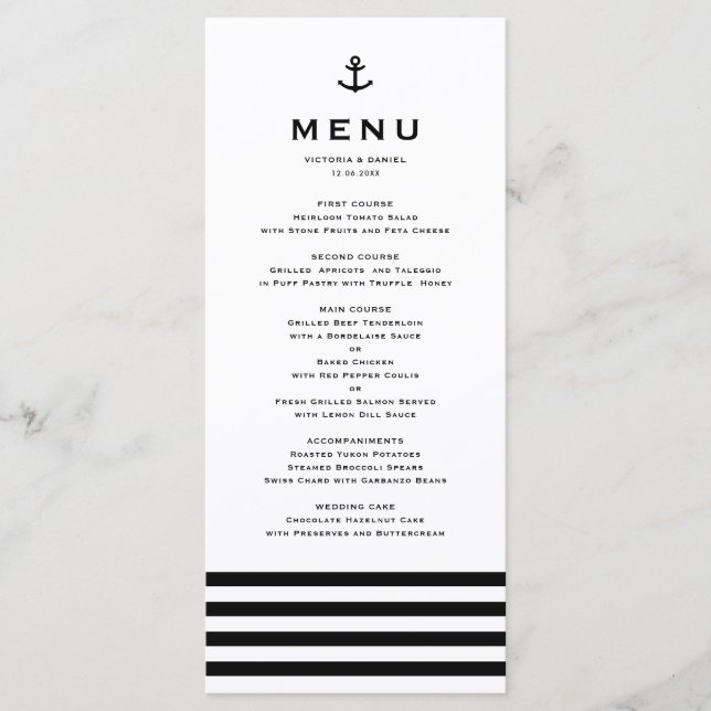 Modern Black and White Anchor Nautical Wedding Menu (Front)