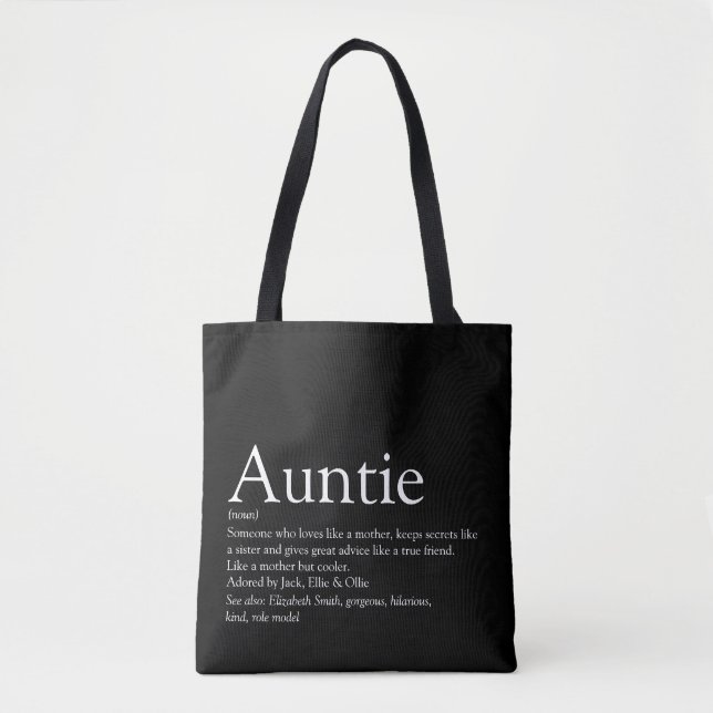 Modern Black and White Aunt Auntie Definition  Tote Bag (Front)