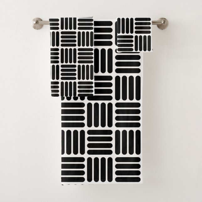 Modern Black and White Basketweave Inspired Stripe Bath Towel Set (Insitu)