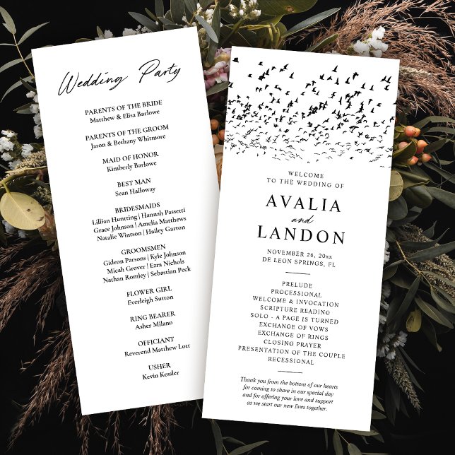 Modern Black and White Birds Wedding Program (Creator Uploaded)
