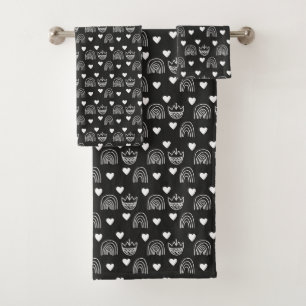 Modern Black and White Boho Rainbow Hearts Tulips Bath Towel Set