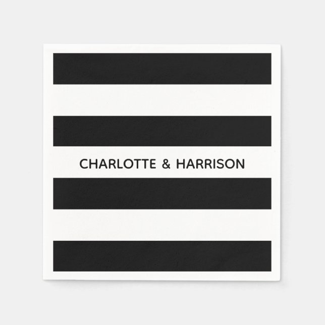 Modern black and white bold stripes custom names napkin (Front)