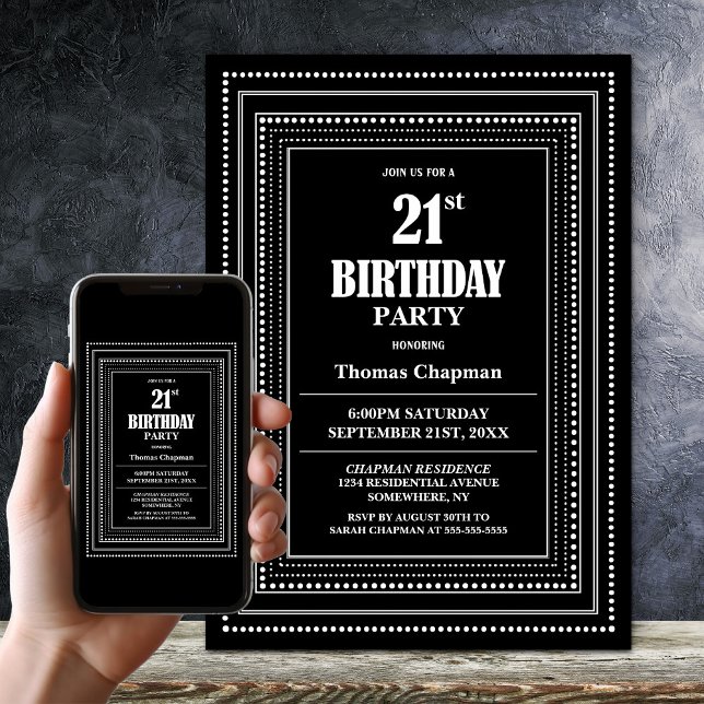 Modern Black and White Border 21st Birthday Party Invitation (Creator Uploaded)