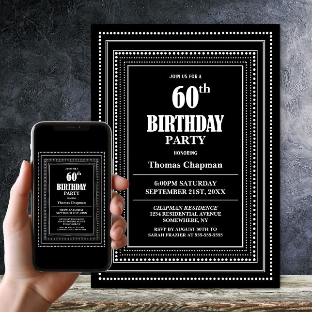 Modern Black and White Border 60th Birthday Party Invitation (Creator Uploaded)